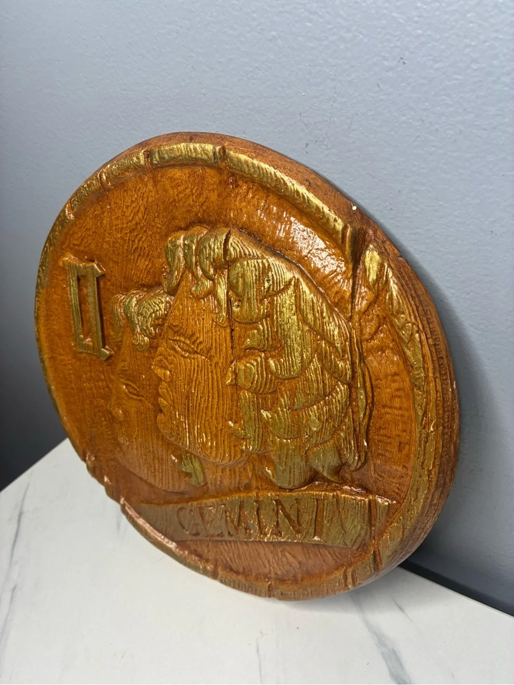 Vintage Gemini Chalkware Zodiac Wall Plaque Gold Faux Wood Astrology Decor